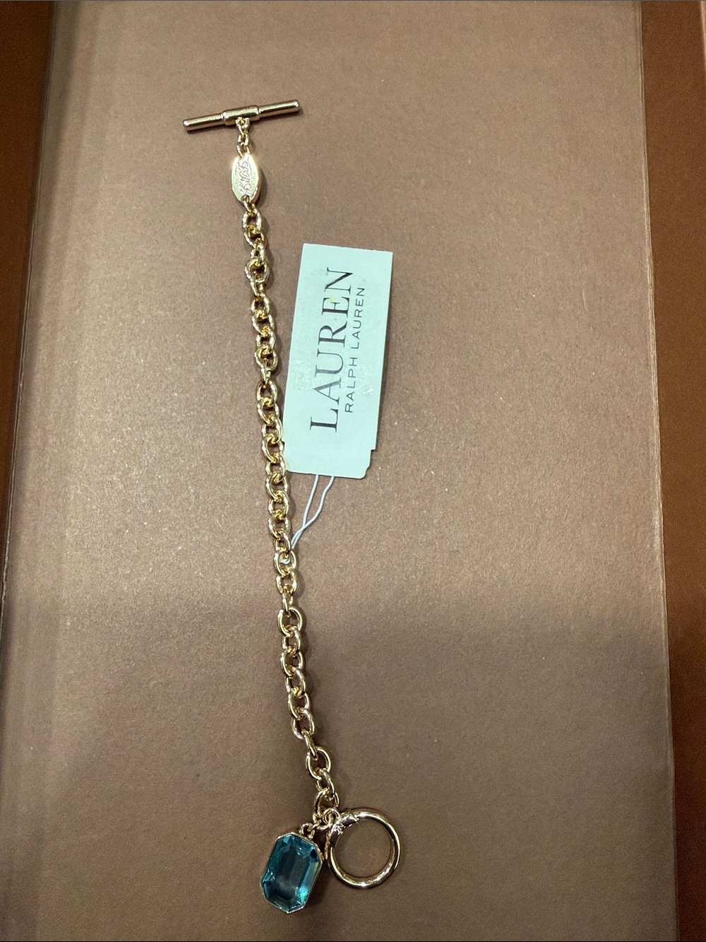 Lauren Ralph Lauren Gold-Tone Chain Bracelet with Teal Blue Crystal Charm